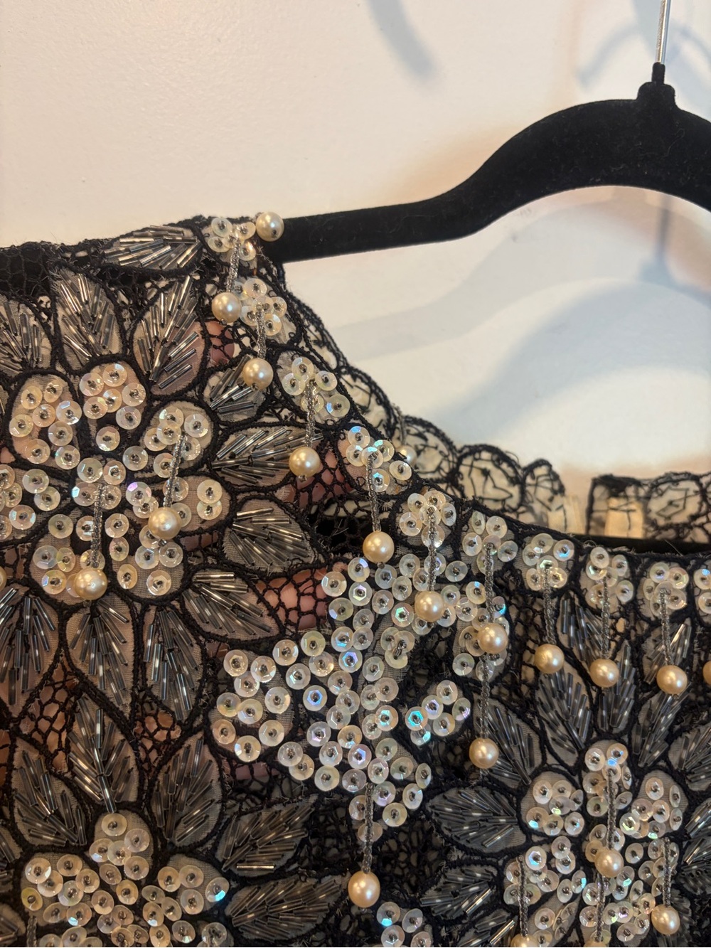 Vintage 60s Embellished Black Floral Beaded and pearls Shift Dress with slip - Picture 16 of 17